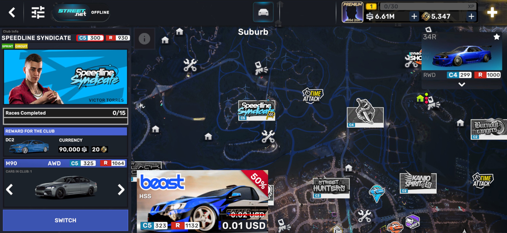 A screenshot of the CarX Street map interface showing the Speedline Syndicate club details and various racing locations in the suburb district
