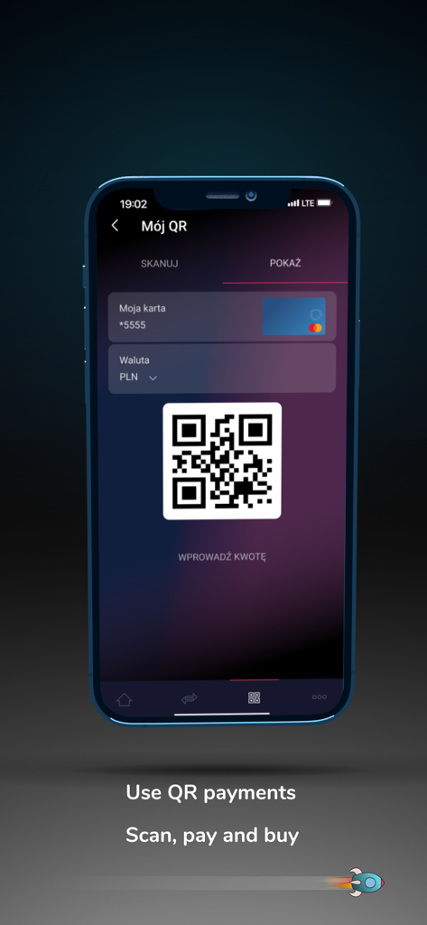 Smartphone screen of Quicko Wallet showing a QR code for contactless payments and shopping.