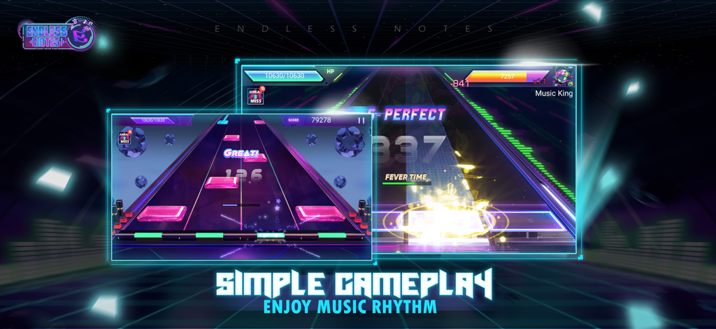 Endless Notes - Rhythm Master - Gameplay screenshot of Endless Notes Rhythm Master showing the four-button music interface and neon notes