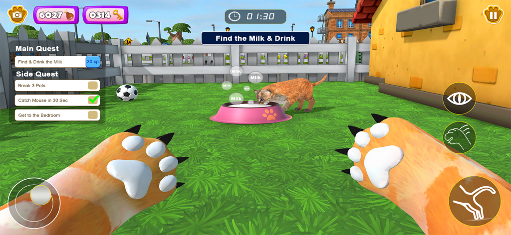 Prankster Granny Cat Life - First person cat perspective gameplay showing a milk quest in a garden