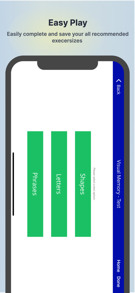 Focus Builder app interface showing visual memory test options for phrases, letters, and shapes