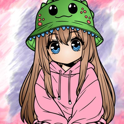 girl with anime shaped eyes with a dinosaur bucket hat oversized sweatshirt long straight hair