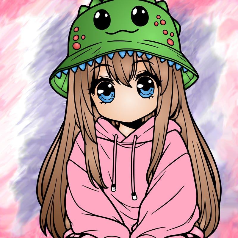 girl with anime shaped eyes with a dinosaur bucket hat oversized sweatshirt long straight hair