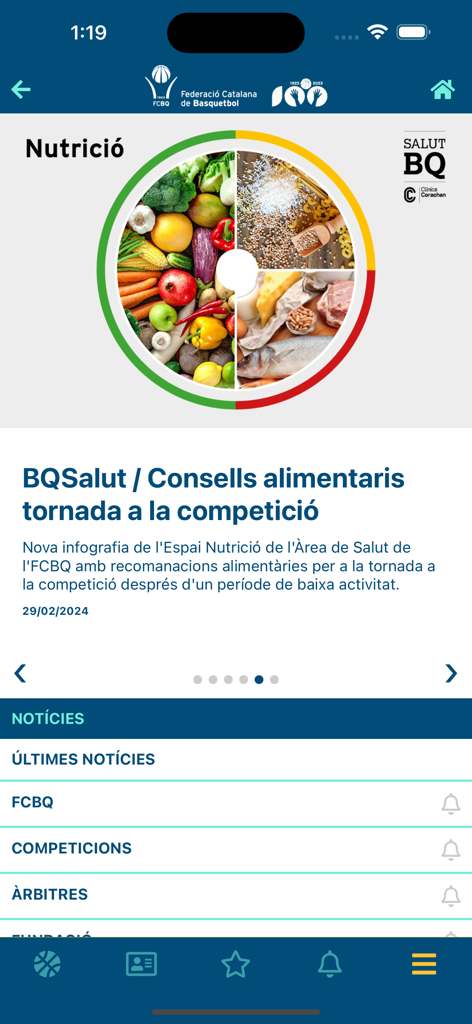 Basquet Catala app interface displaying nutrition advice and a sports news menu