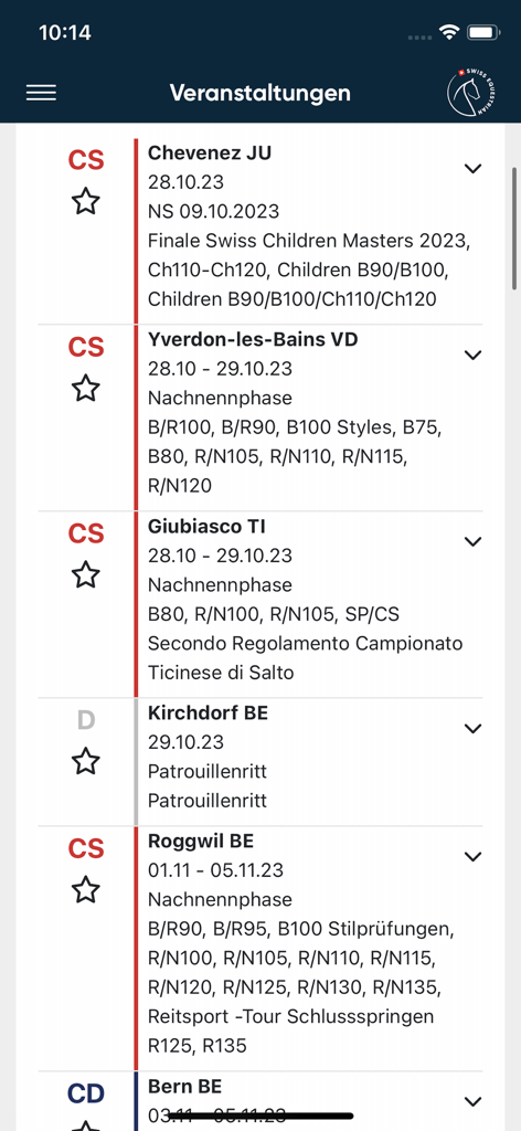 Swiss Equestrian - A mobile app screen showing a list of upcoming equestrian events in Switzerland with dates and locations