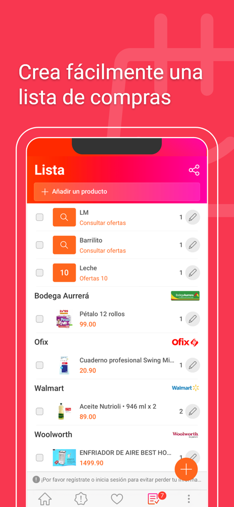 Catálogos y ofertas de México - Interface de lista de compras no aplicativo Catálogos e ofertas do México mostrando ofertas de vários varejistas mexicanos