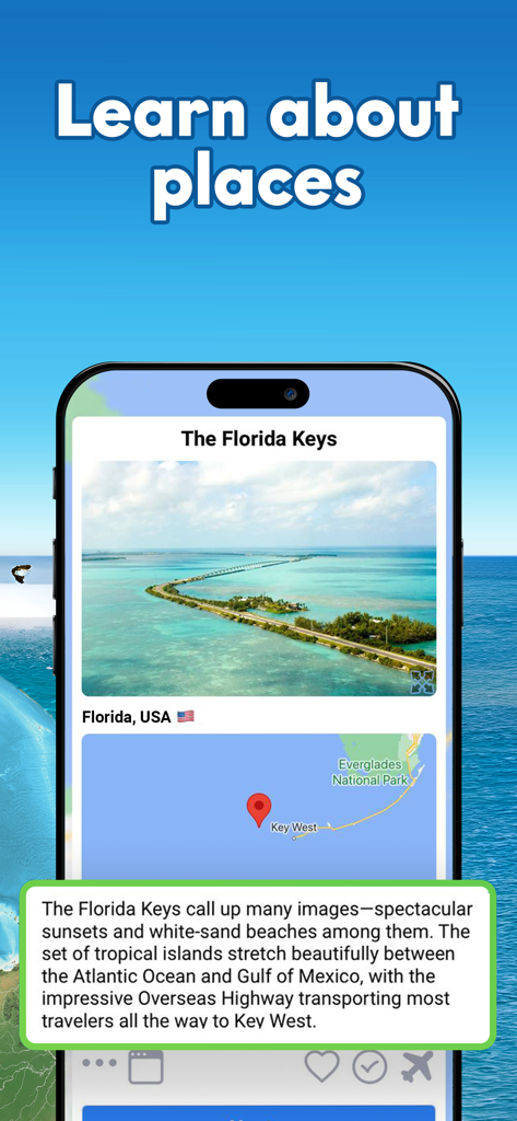 Pinpoint Where: Places to Know - App screen showing educational information, a map, and a scenic photo of the Florida Keys in Pinpoint Where.