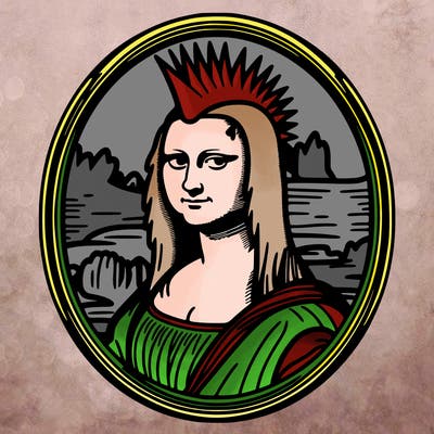 leonardo da vinci's "mona lisa" with punk hairstyle, realistic, thin borders