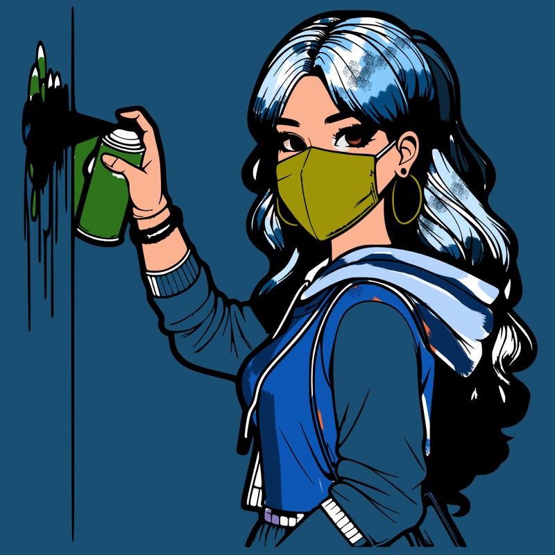 realistic girl with mask spray painting a wall