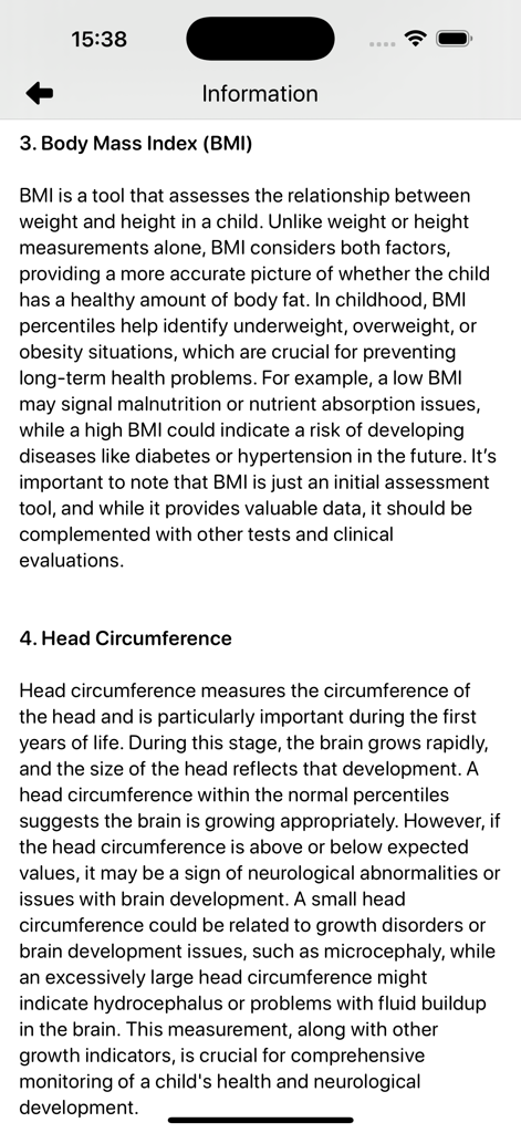 Percentiles: Pediatric charts - Educational text explaining Body Mass Index and Head Circumference for child health monitoring.