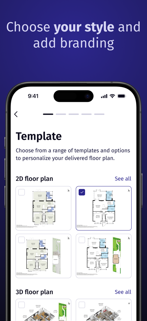 Roomio: floor plan creator - 不動産業者向けの2D間取り図テンプレートとブランディングオプションを表示するアプリ画面