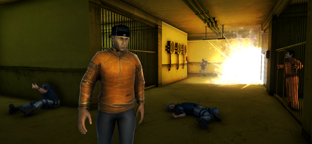 A prisoner escaping a jail cell block with an explosion in the background