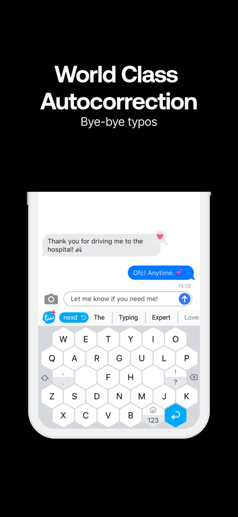 Typewise Offline Keyboard - Typewise hexagonal keyboard interface showing smart autocorrection suggestions in a chat app