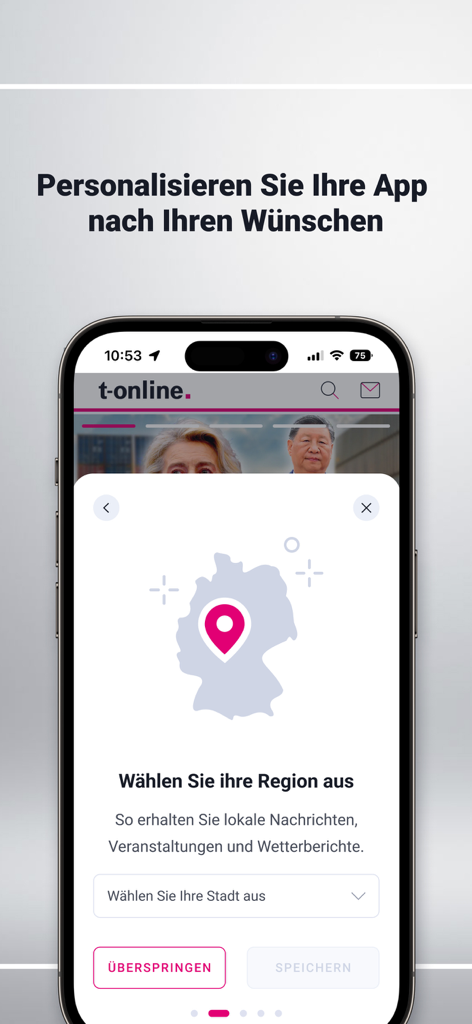 t-online Nachrichten - Écran de personnalisation de l'application t-online Nachrichten affichant une carte de l'Allemagne et un menu de sélection de région pour les actualités locales.