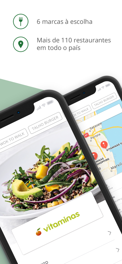 Vitaminas - Aplicação móvel Vitaminas apresentando opções de comida saudável e um mapa de localização de restaurantes