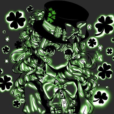 a manga-style girl with clovers around her, a little hat in her hair, like it's saint patrick's day