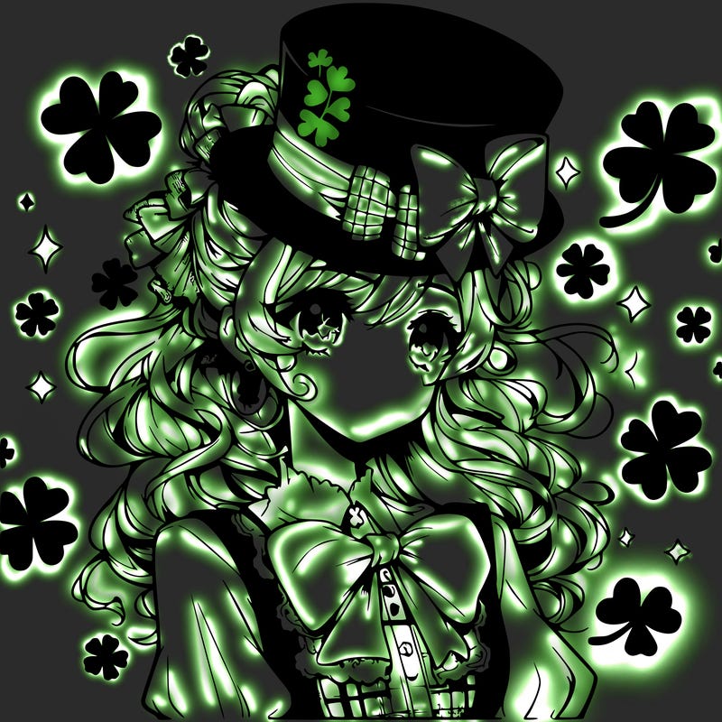 a manga-style girl with clovers around her, a little hat in her hair, like it's saint patrick's day
