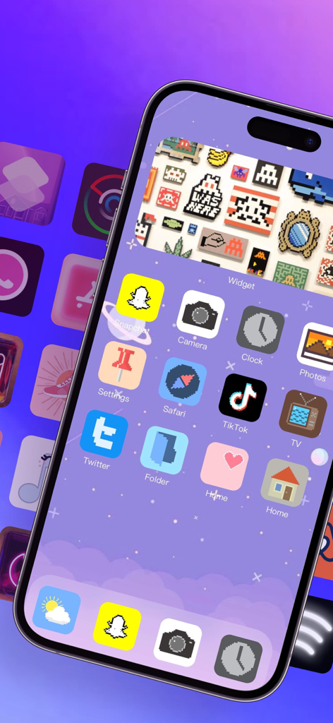 A customized iPhone home screen featuring a purple pixel art aesthetic theme with retro icons and a large top widget