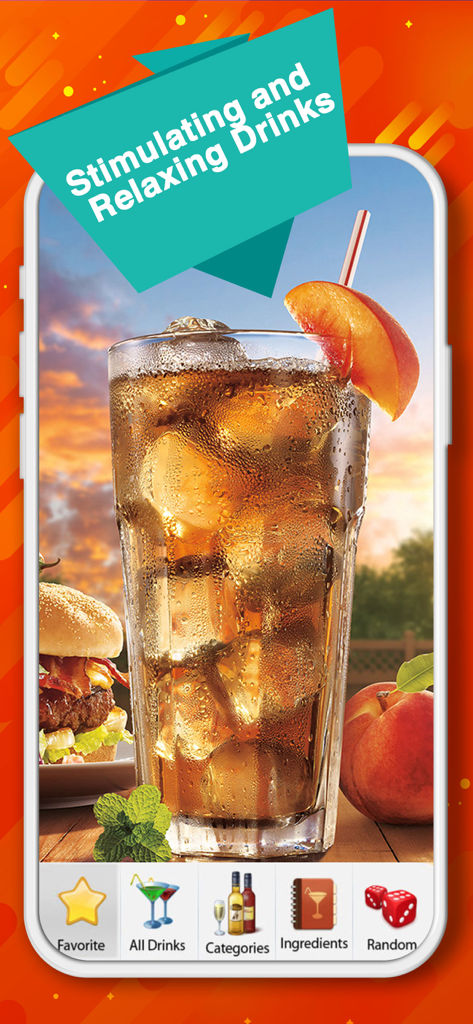 Mobile interface of the 8500 Drink Recipes app showing a refreshing iced drink with a peach garnish.