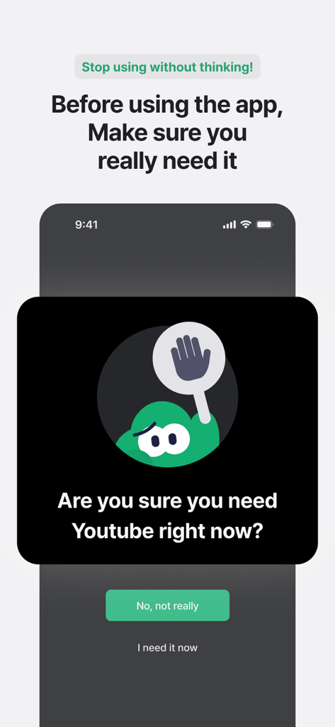 Turning: Screen Time & Routine - A mobile screen showing a mindful prompt from the Turning app asking the user if they really need to open YouTube to prevent impulsive scrolling.