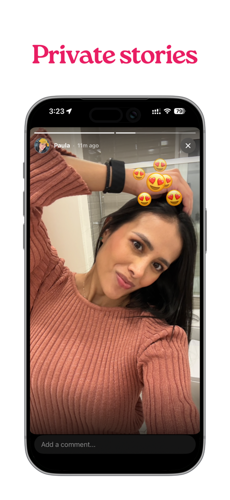 Amora: Couples & Relationship - A smartphone screen displaying the private stories feature in the Amora app with a selfie and heart emoji reactions.
