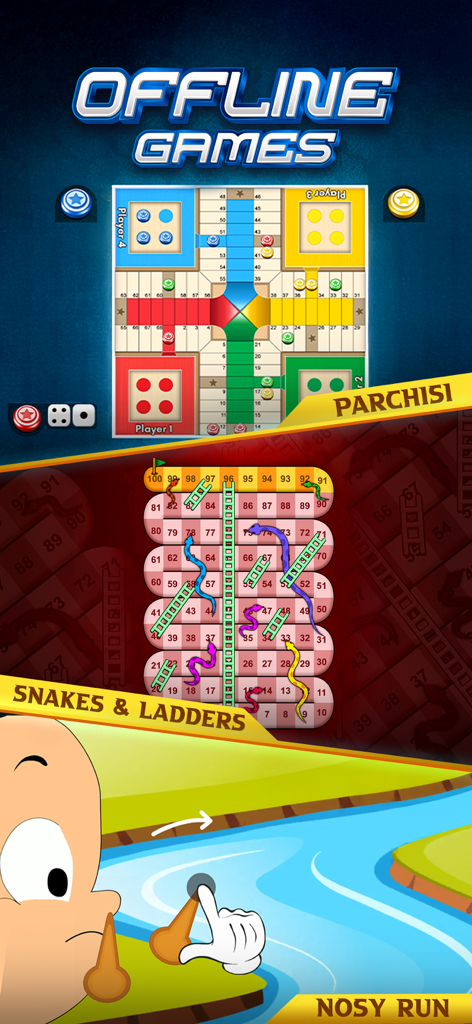 Addictive Games™ - Screenshot of Addictive Games app featuring offline Parchisi Snakes and Ladders and Nosy Run