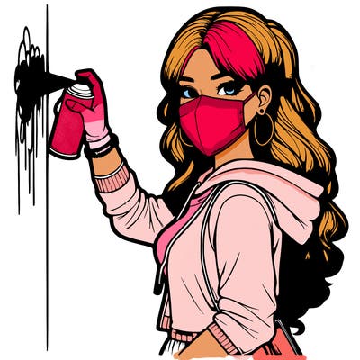 realistic girl with mask spray painting a wall