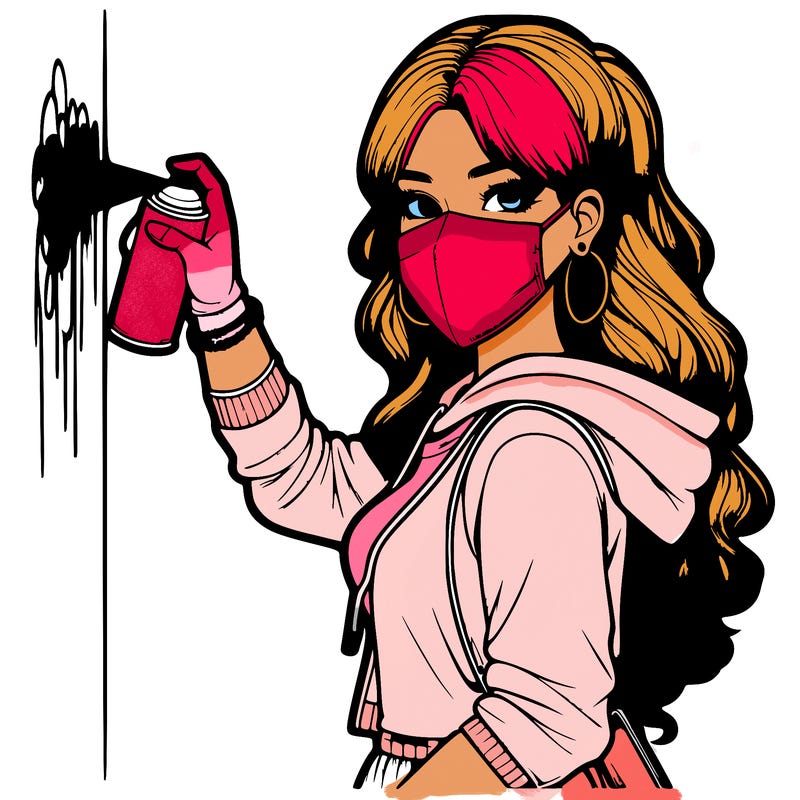 realistic girl with mask spray painting a wall