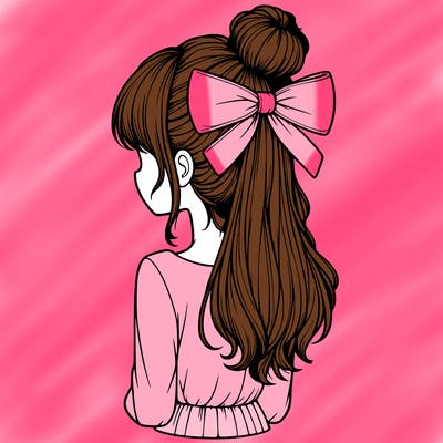 realistic girl  with hip length hair a bun and a big bow on the back of head
