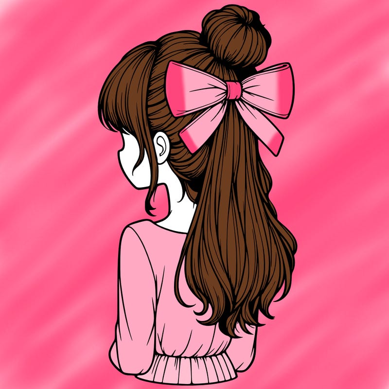 realistic girl  with hip length hair a bun and a big bow on the back of head