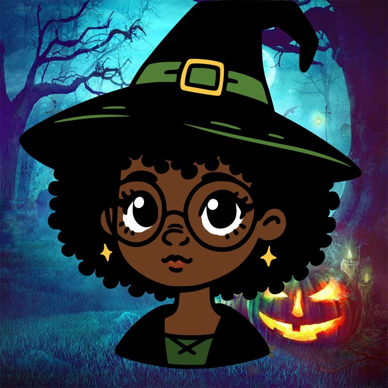 a black person who is a witch and has glasses