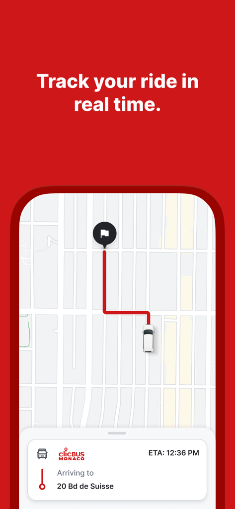 ClicBus Monaco - Interface of the ClicBus Monaco app showing real-time ride tracking on a map with an estimated arrival time
