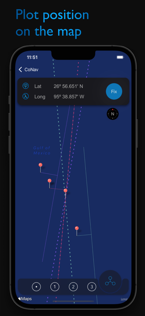 CoNav - L'interfaccia dell'app CoNav che visualizza un fix di posizione della nave su una mappa nautica utilizzando coordinate di latitudine e longitudine.