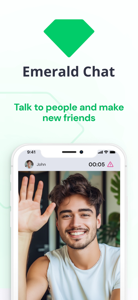 Emerald Chat - Meet New People - Emerald Chat mobile app video call interface showing a man waving