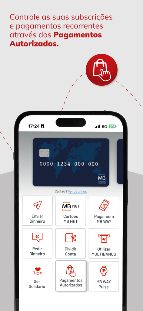 Interface da aplicação MB WAY mostrando um smartphone com o menu de pagamentos autorizados e um cartão virtual