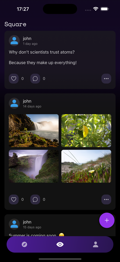 Ein Screenshot des Square-Feeds der l-mao-App mit Textbeiträgen und Fotogittern.