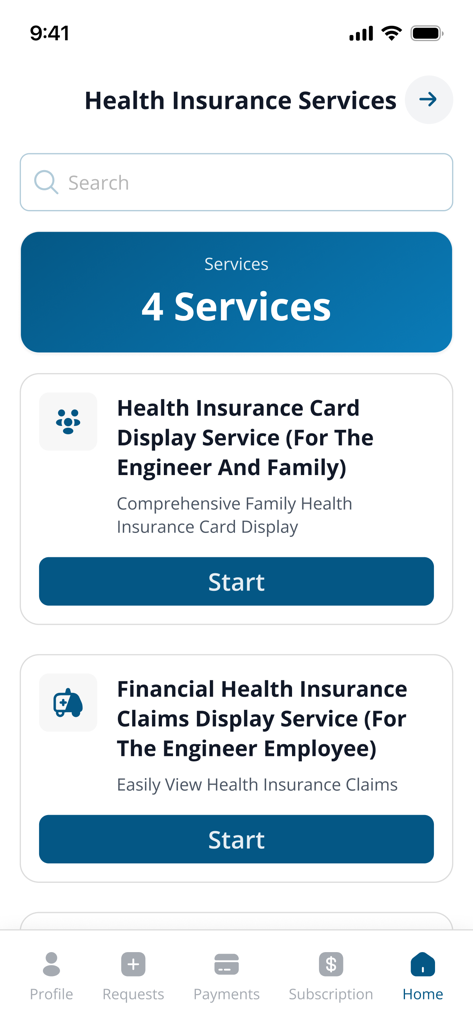 JEA - Ein Screenshot der JEA-Mobil-App, der den Bildschirm für Krankenversicherungsleistungen mit Optionen zur Anzeige von Versicherungskarten und zur Ansicht von finanziellen Ansprüchen zeigt