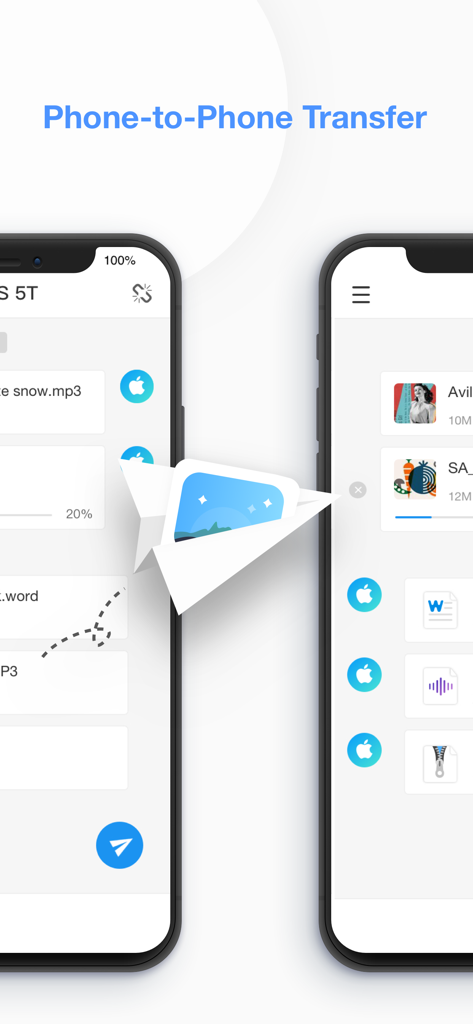 Interface of AnyTrans app showing wireless file transfer between two smartphones