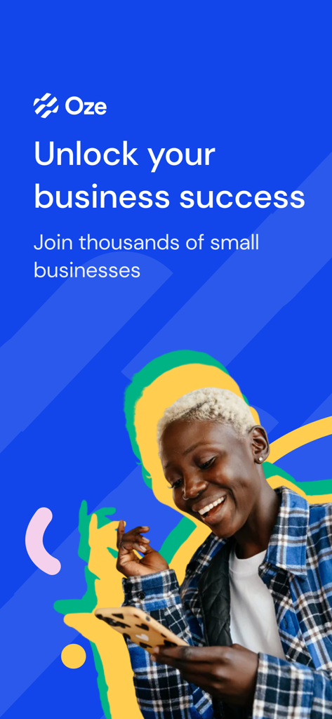 Oze - A woman entrepreneur smiling while using the Oze app on her smartphone