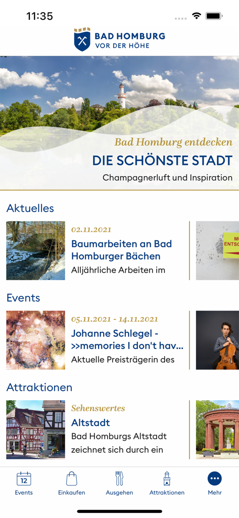 Bad Homburg App - ニュース、イベント、アトラクションを表示するバート・ホンブルク市アプリのホーム画面