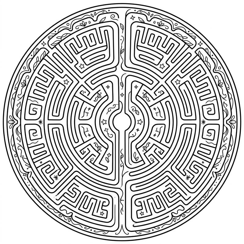 Discover an exquisite circular labyrinth coloring page, perfect for adults and teens. This intricate design features classical patterns nestled within a beautiful decorative border, offering a unique blend of challenge and relaxation.