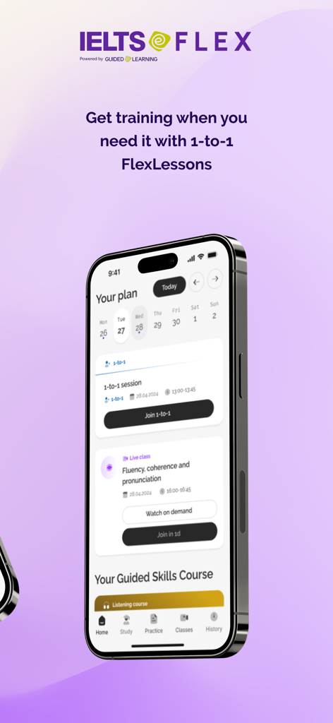 IELTS Flex - Interfaz de la aplicación móvil IELTS Flex que muestra un plan de estudio con sesiones de tutoría 1 a 1 y clases en vivo