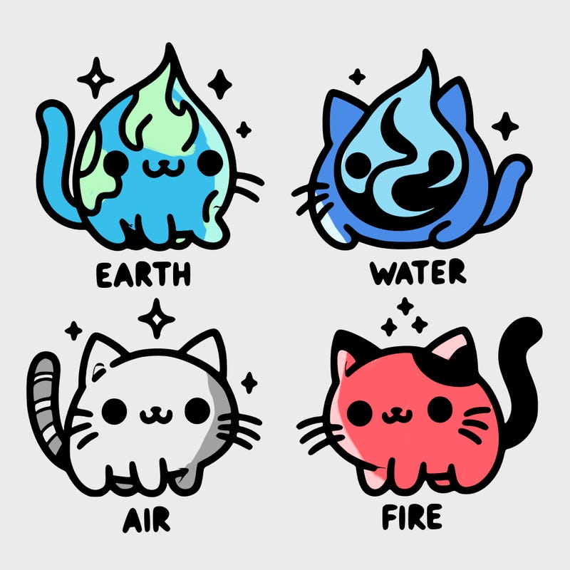 4 cats that represent the different elements, earth, water, air, and fire