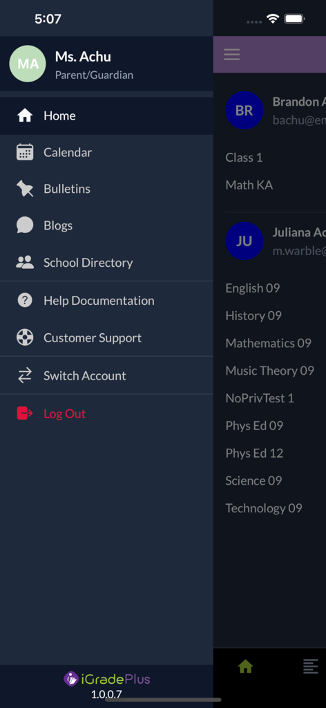 iGradePlus - The sidebar navigation menu of the iGradePlus mobile app showing parent and student options