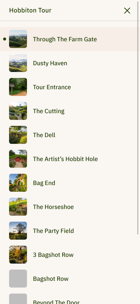Una lista de paradas del tour del set de películas que incluyen Bolsón Cerrado y El Campo de la Fiesta en la aplicación compañera del tour de Hobbiton.