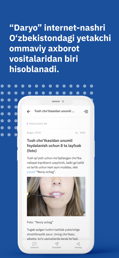Smartphone displaying a lifestyle news article in the Daryo app, a leading Uzbek media outlet.
