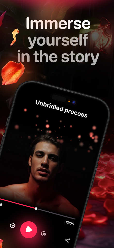 Audero app interface displaying an audio story player with a male portrait and sensual background elements