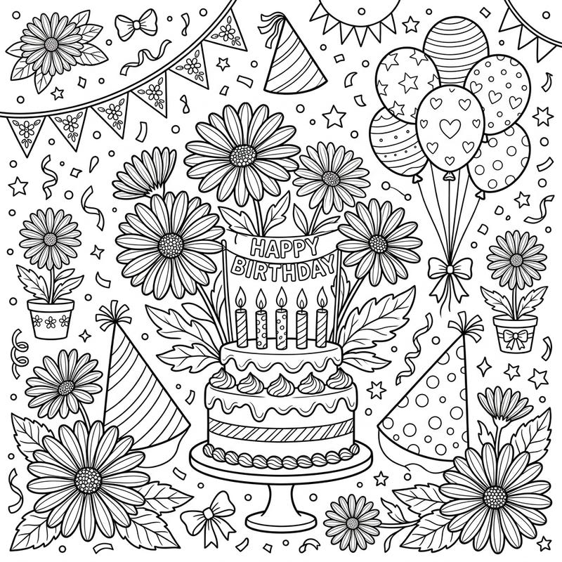 Get ready to celebrate with this cheerful birthday coloring page, adorned with beautiful Cape Daisies and festive party elements. It's the perfect way to add a touch of floral charm to any birthday celebration.