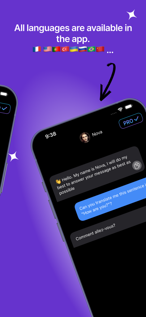 Aplicación Nova AI Chatbot Assistant mostrando una traducción de inglés a francés en una interfaz de chat con varias banderas nacionales