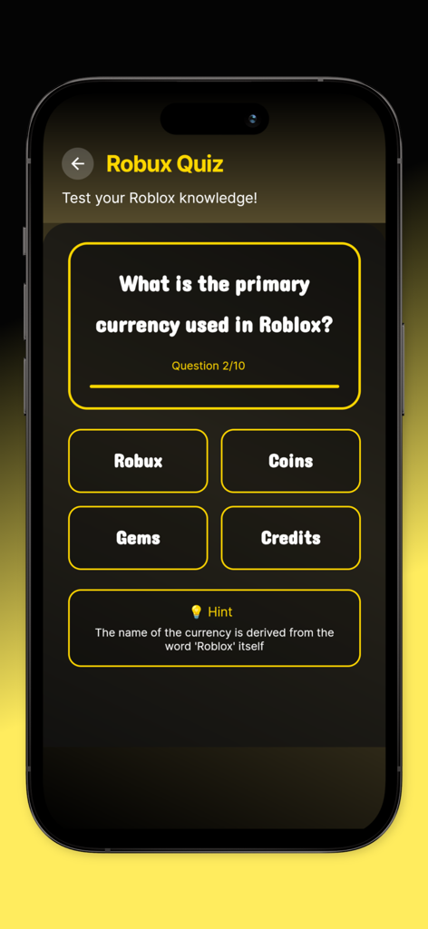 A mobile app interface showing a Robux knowledge quiz question about primary currency with multiple choice options.